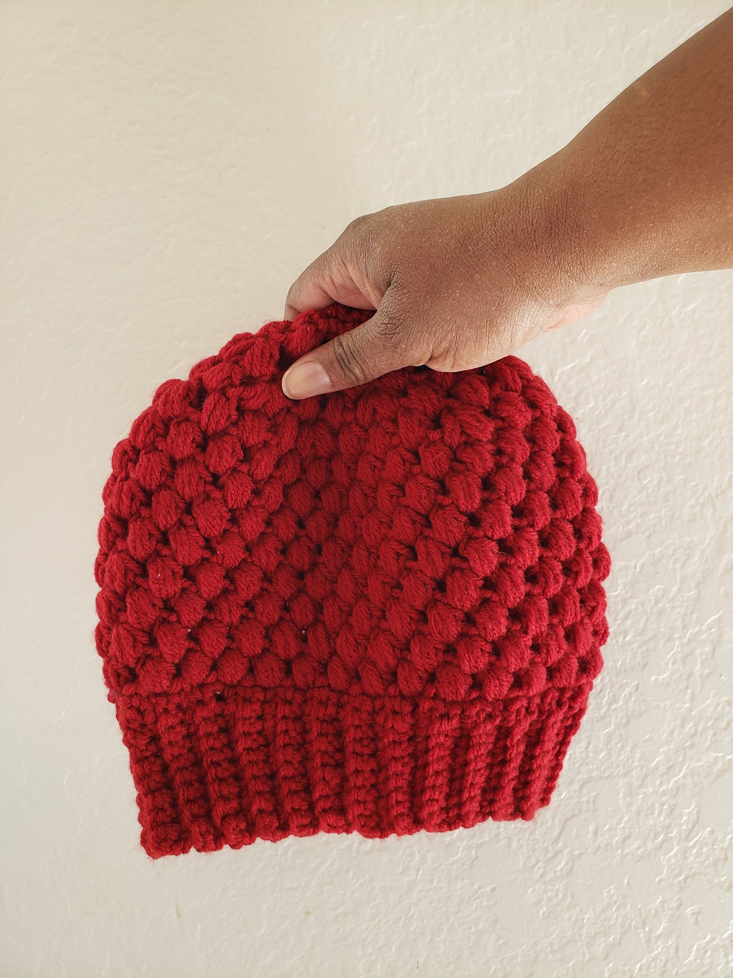 Puff Stitch Beanie Hat With Stretchy Brim