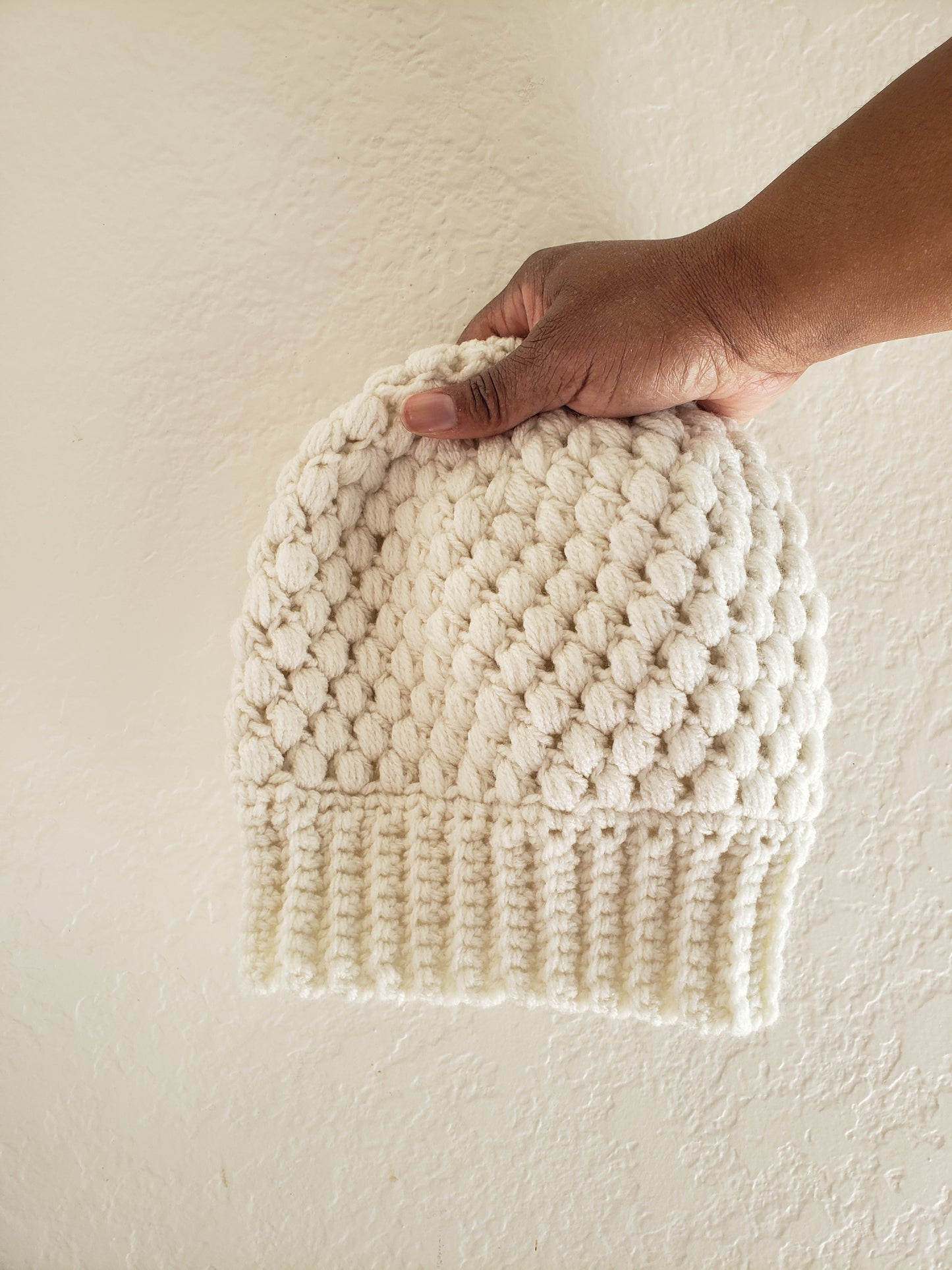 Puff Stitch Beanie Hat With Stretchy Brim