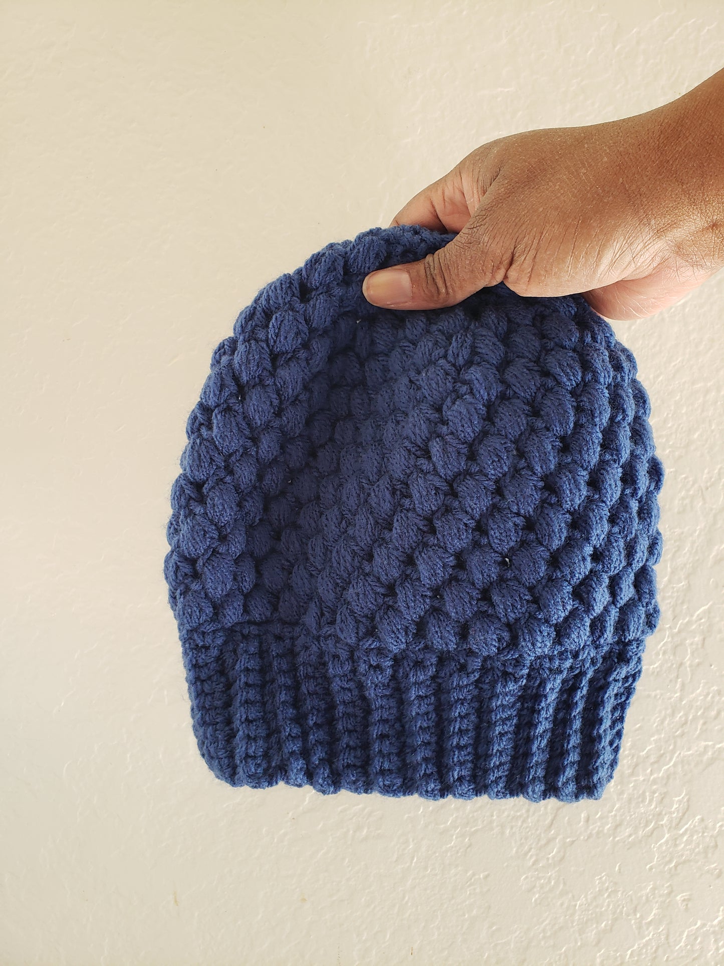 Puff Stitch Beanie Hat With Stretchy Brim