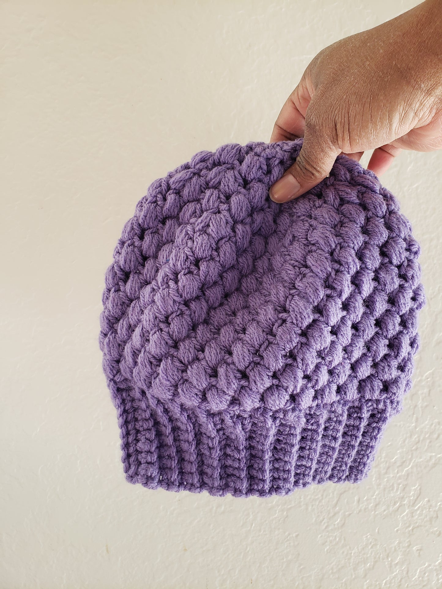 Puff Stitch Beanie Hat With Stretchy Brim
