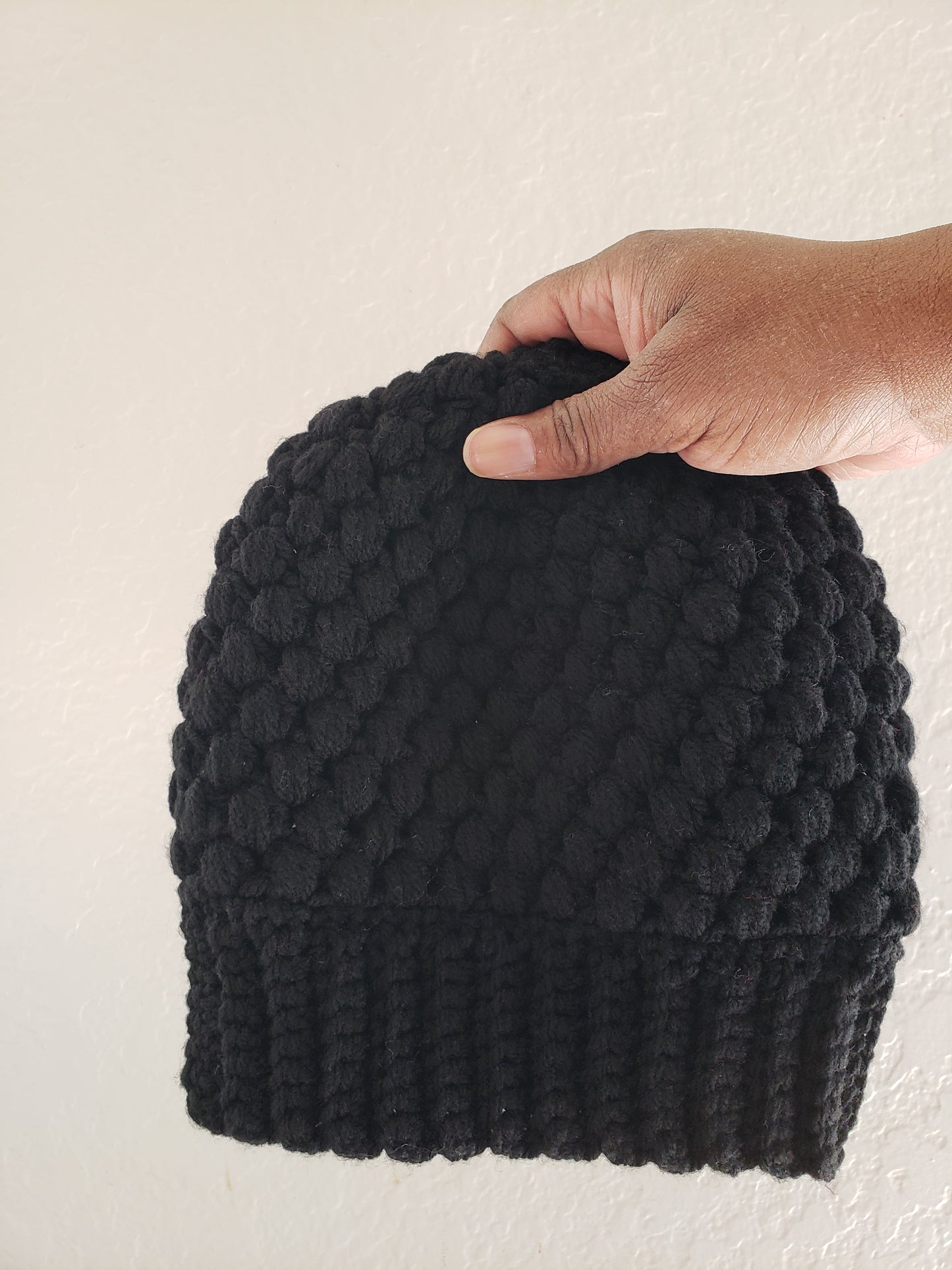 Puff Stitch Beanie Hat With Stretchy Brim
