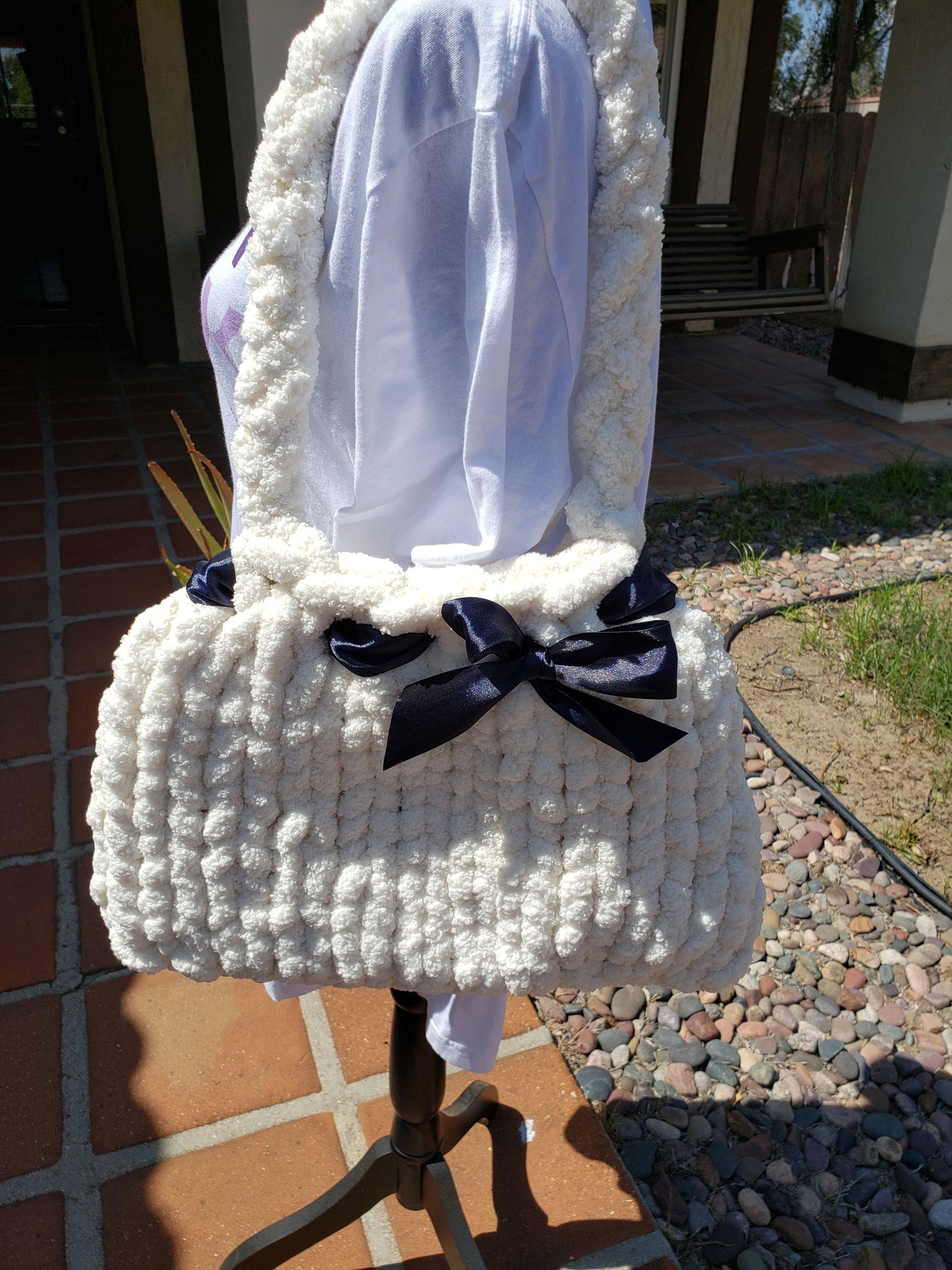 Chunky Knit Chenille Handbag with Ribbon Bow