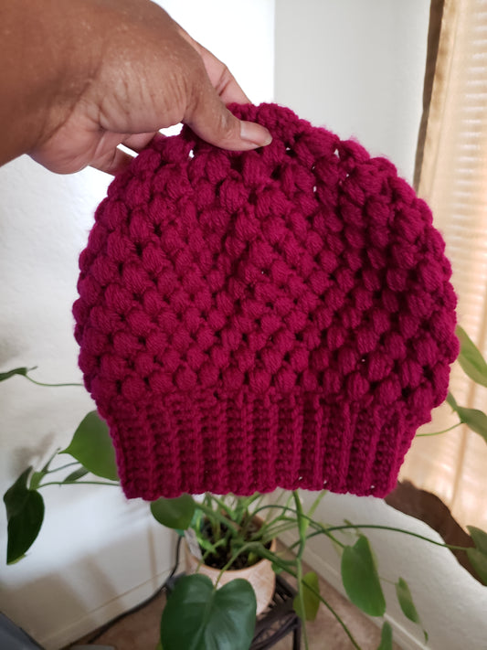 Puff Stitch Beanie Hat With Stretchy Brim