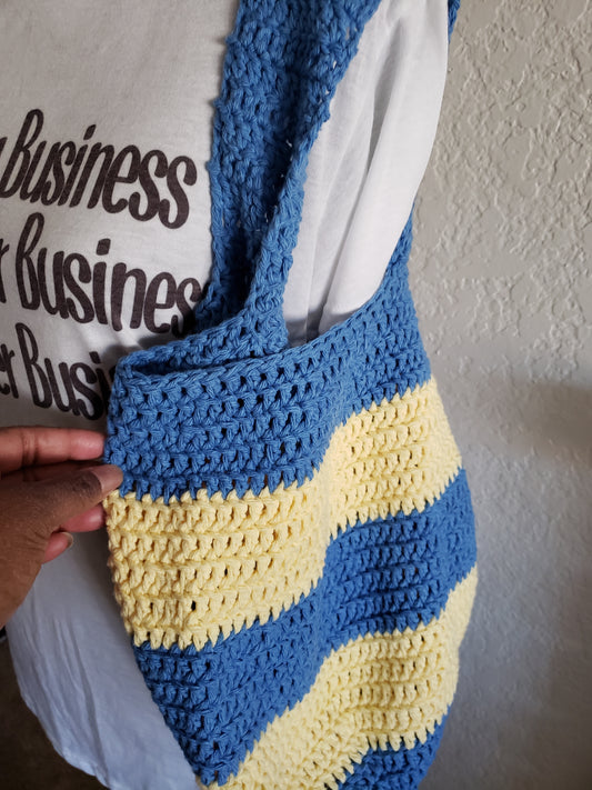 Yellow Blue Striped Single Strap Tote Bag